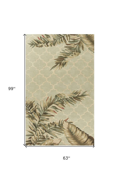 5' X 8' Sage Taupe And Green Wool Tropical Botanical Hand Tufted Area Rug