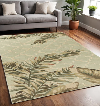 5' X 8' Sage Taupe And Green Wool Tropical Botanical Hand Tufted Area Rug