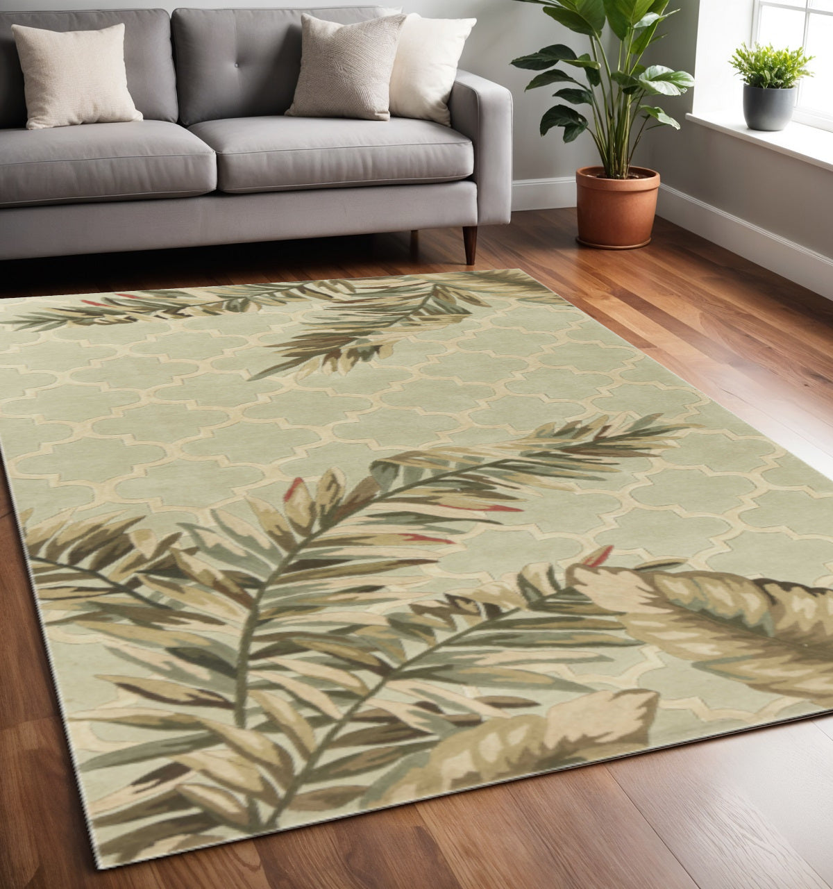 9' X 12' Sage Taupe And Green Wool Tropical Botanical Hand Tufted Area Rug