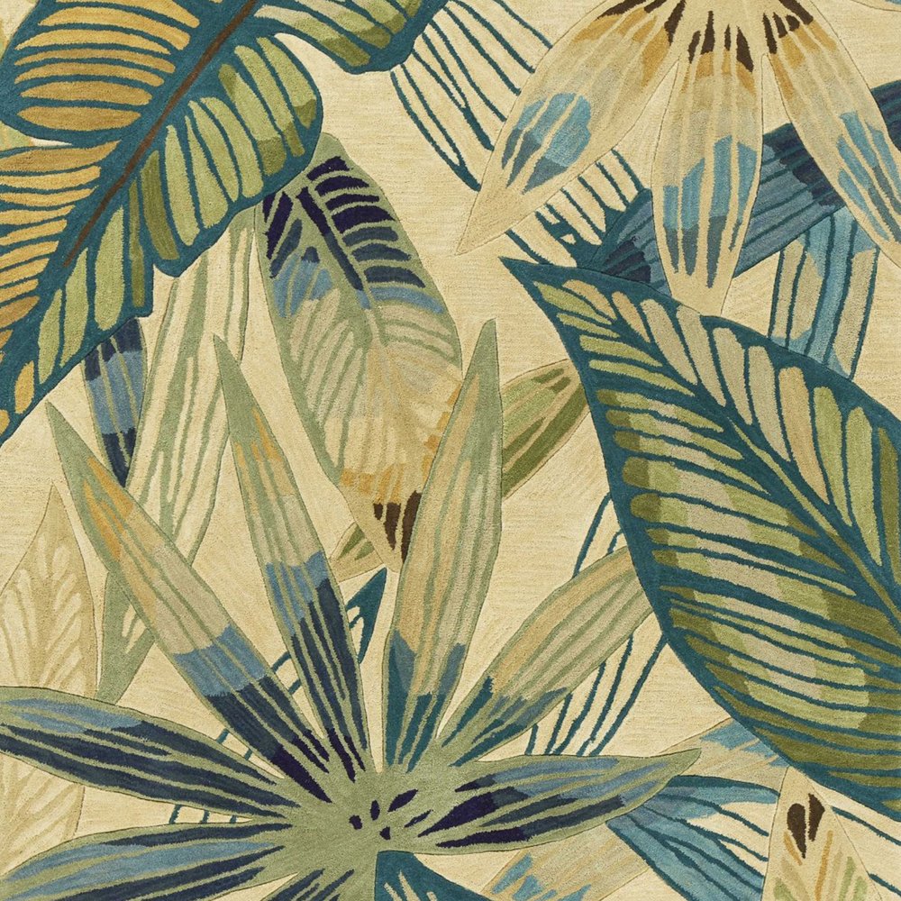 8' X 10' Ivory Teal And Green Wool Tropical Botanical Hand Tufted Area Rug