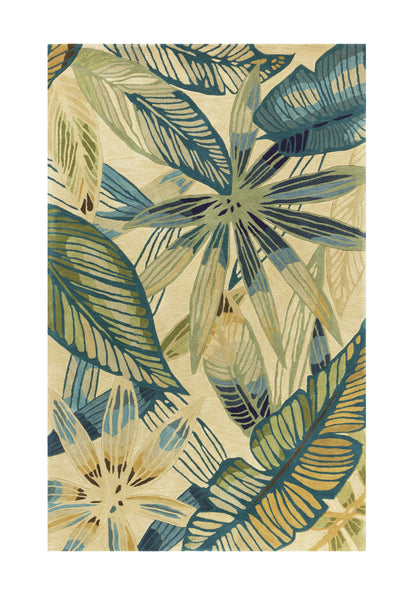 9' X 12' Ivory and Blue Wool Tropical Botanical Handmade Area Rug