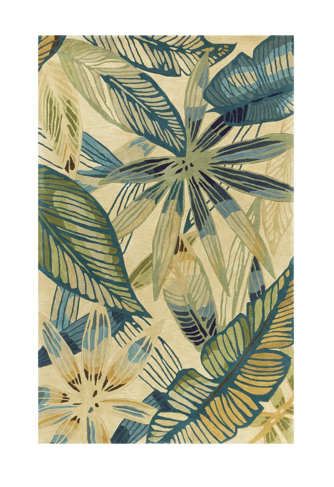 5' X 8' Ivory Teal And Green Wool Tropical Botanical Hand Tufted Area Rug