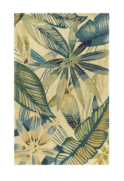5' X 8' Ivory Teal And Green Wool Tropical Botanical Hand Tufted Area Rug