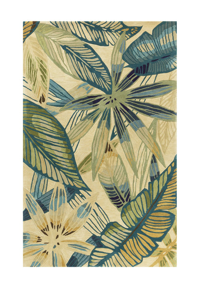 3' X 5' Ivory Teal And Green Wool Tropical Botanical Hand Tufted Area Rug