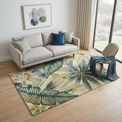 8' X 10' Ivory Teal And Green Wool Tropical Botanical Hand Tufted Area Rug