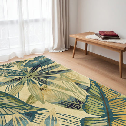 3' X 5' Ivory Teal And Green Wool Tropical Botanical Hand Tufted Area Rug