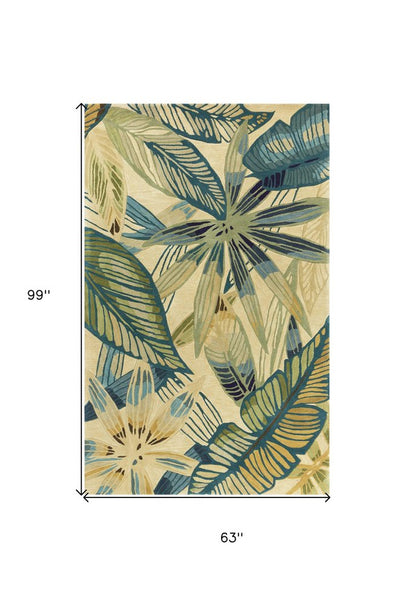 5' X 8' Ivory Teal And Green Wool Tropical Botanical Hand Tufted Area Rug