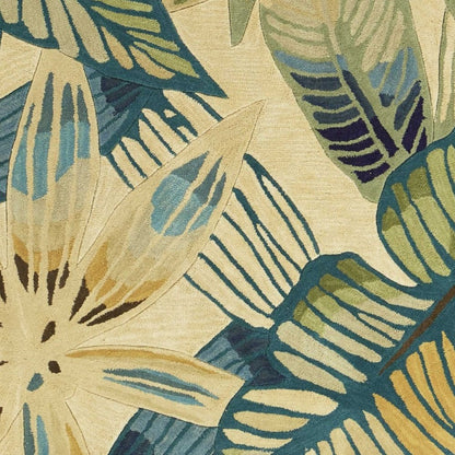 3' X 5' Ivory Teal And Green Wool Tropical Botanical Hand Tufted Area Rug