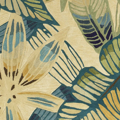 3' X 5' Ivory Teal And Green Wool Tropical Botanical Hand Tufted Area Rug