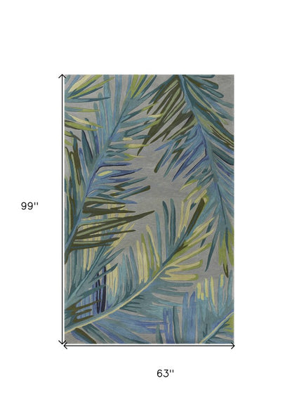 5' X 8' Blue And Gray Wool Tropical Botanical Hand Tufted Area Rug