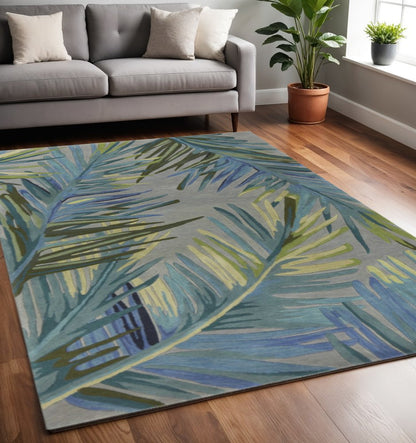 9' X 12' Gray And Blue Wool Tropical Botanical Hand Tufted Area Rug