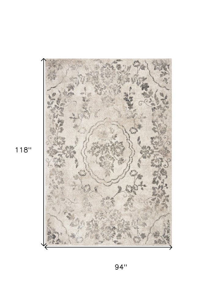 8' X 10' Gray And Tan Floral Distressed Area Rug