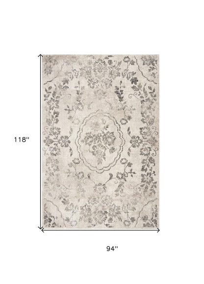 8' X 10' Gray And Tan Floral Distressed Area Rug