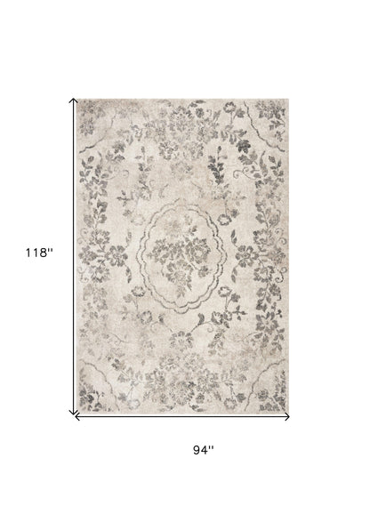 8' X 10' Gray And Tan Floral Distressed Area Rug