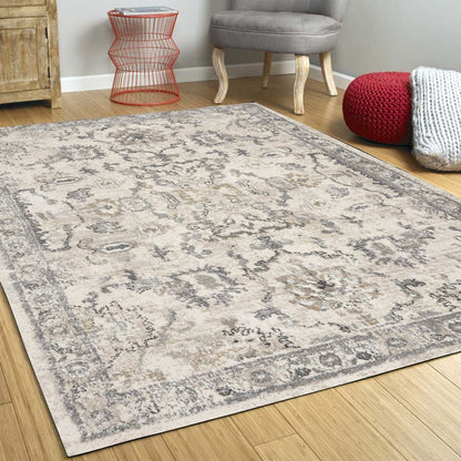 9' X 13' Ivory And Gray Floral Medallion Distressed Area Rug