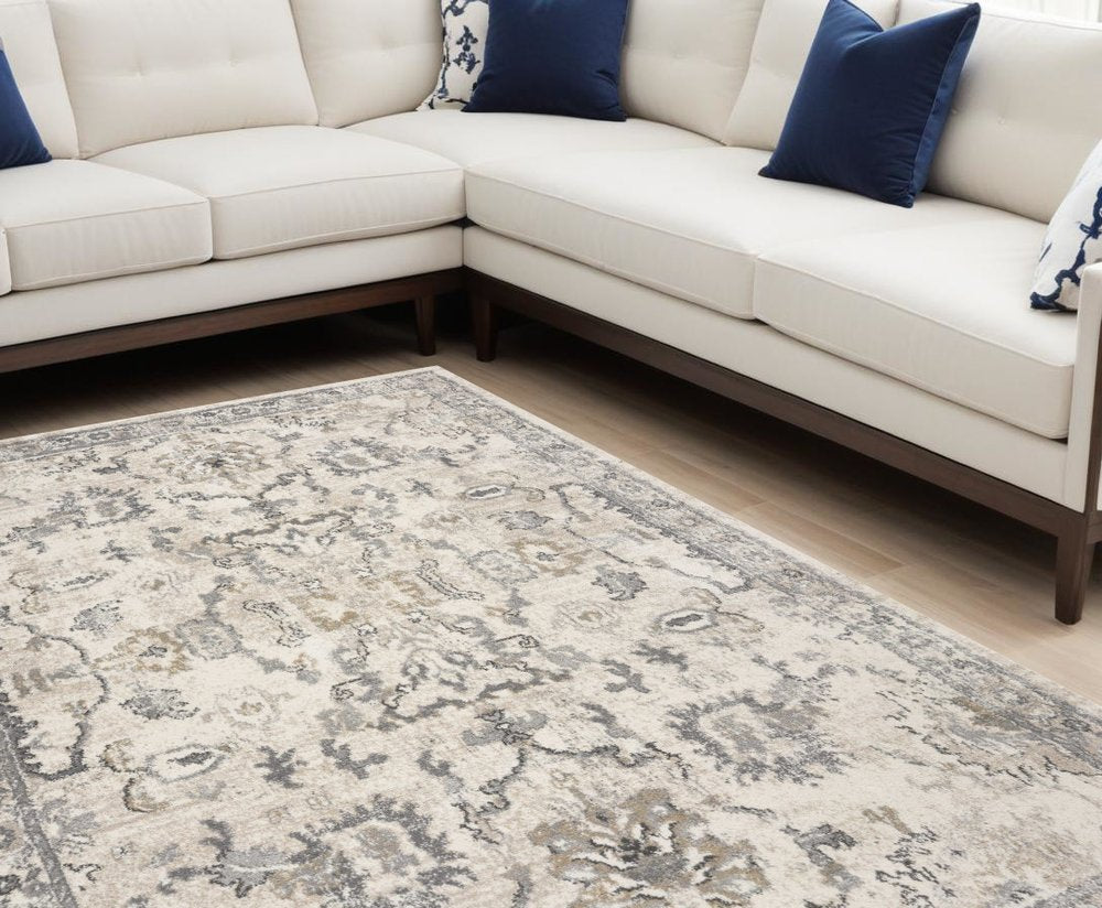 9' X 13' Ivory And Gray Floral Medallion Distressed Area Rug