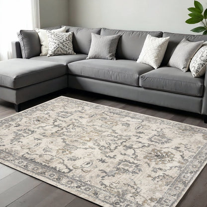 9' X 13' Ivory And Gray Floral Medallion Distressed Area Rug