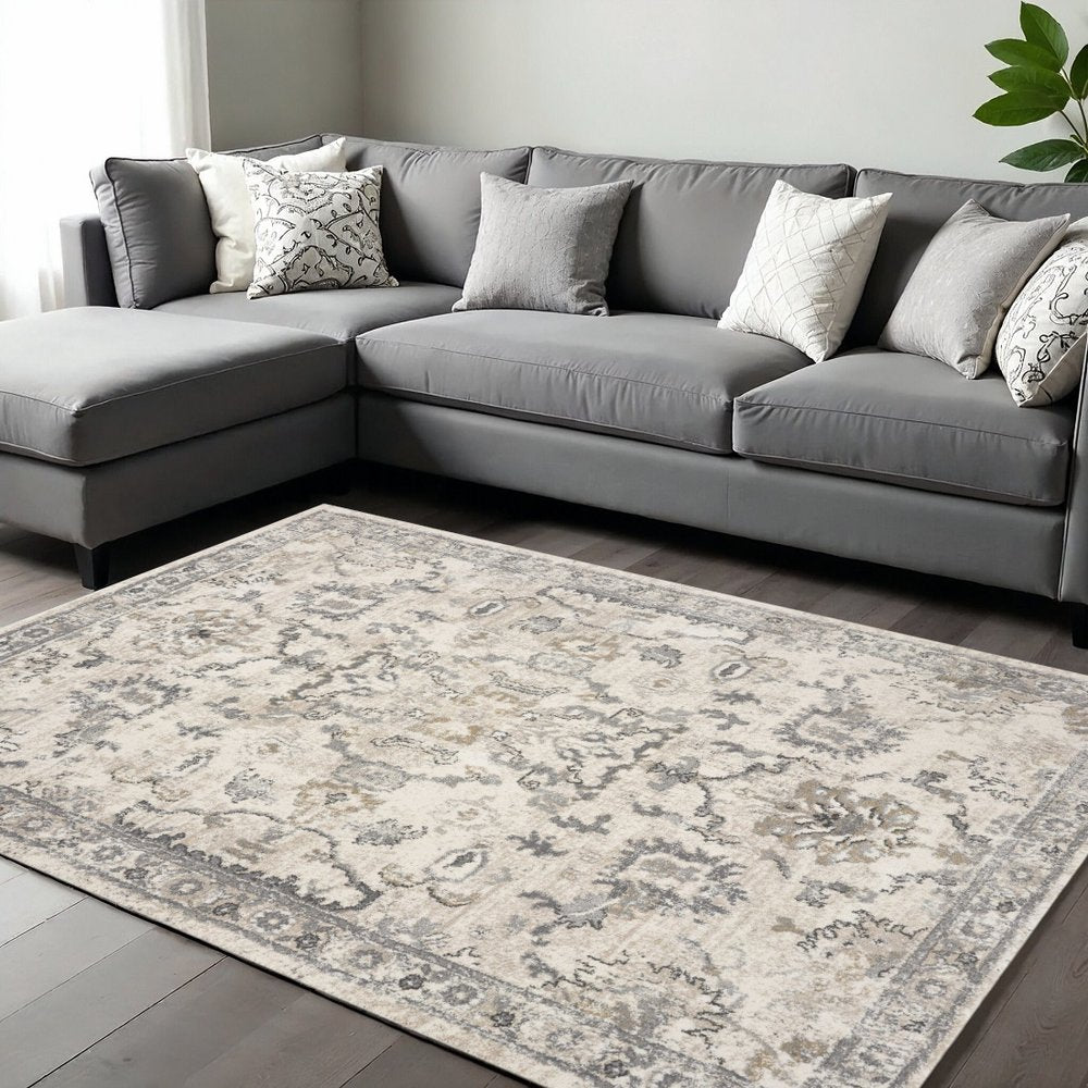 9' X 13' Ivory And Gray Floral Medallion Distressed Area Rug