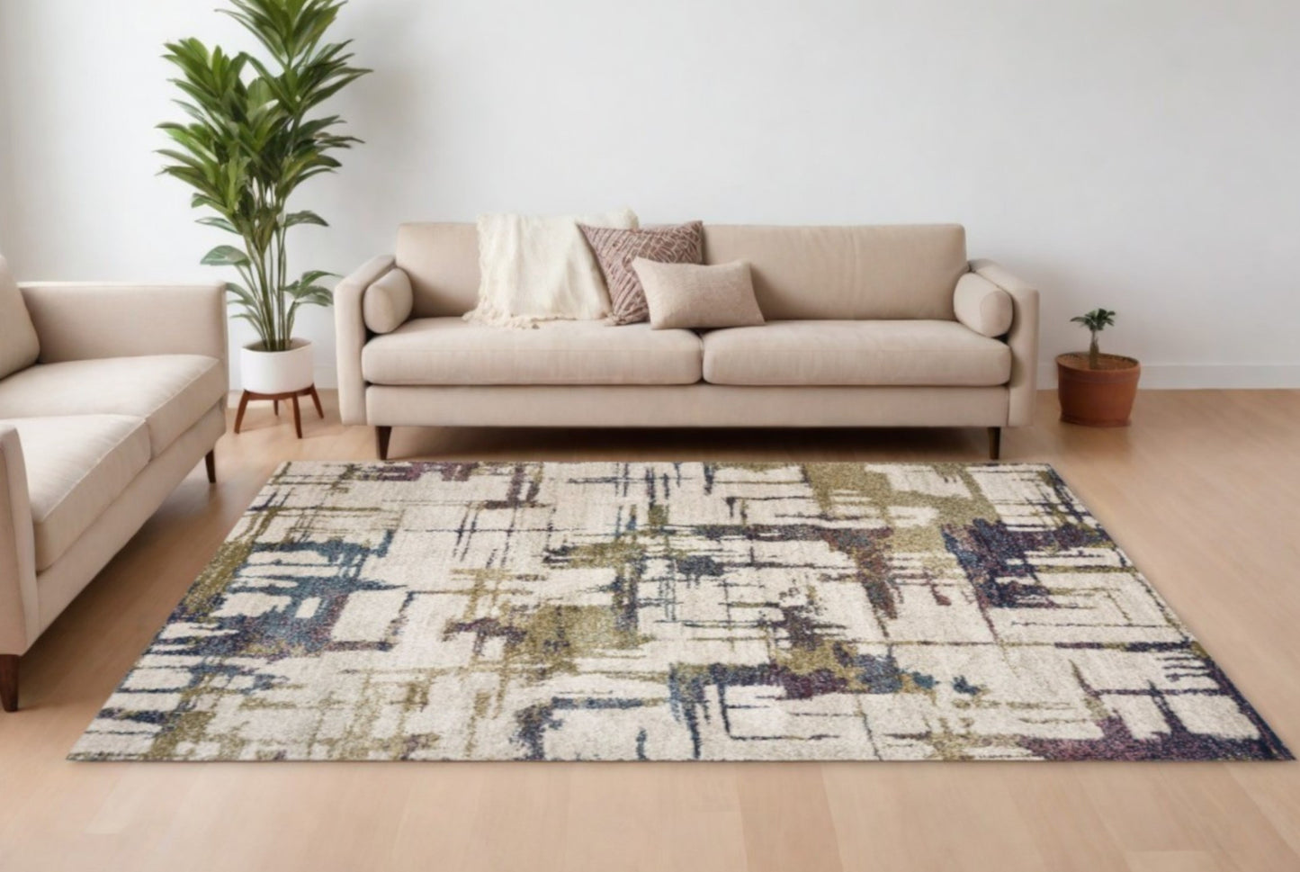 8' X 10' Ivory Machine Woven Abstract Brushstrokes Indoor Area Rug