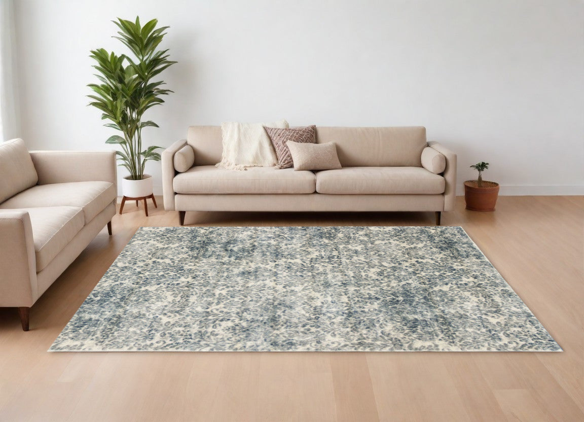 8' X 11' Ivory Blue Machine Woven Damask Indoor Area Rug