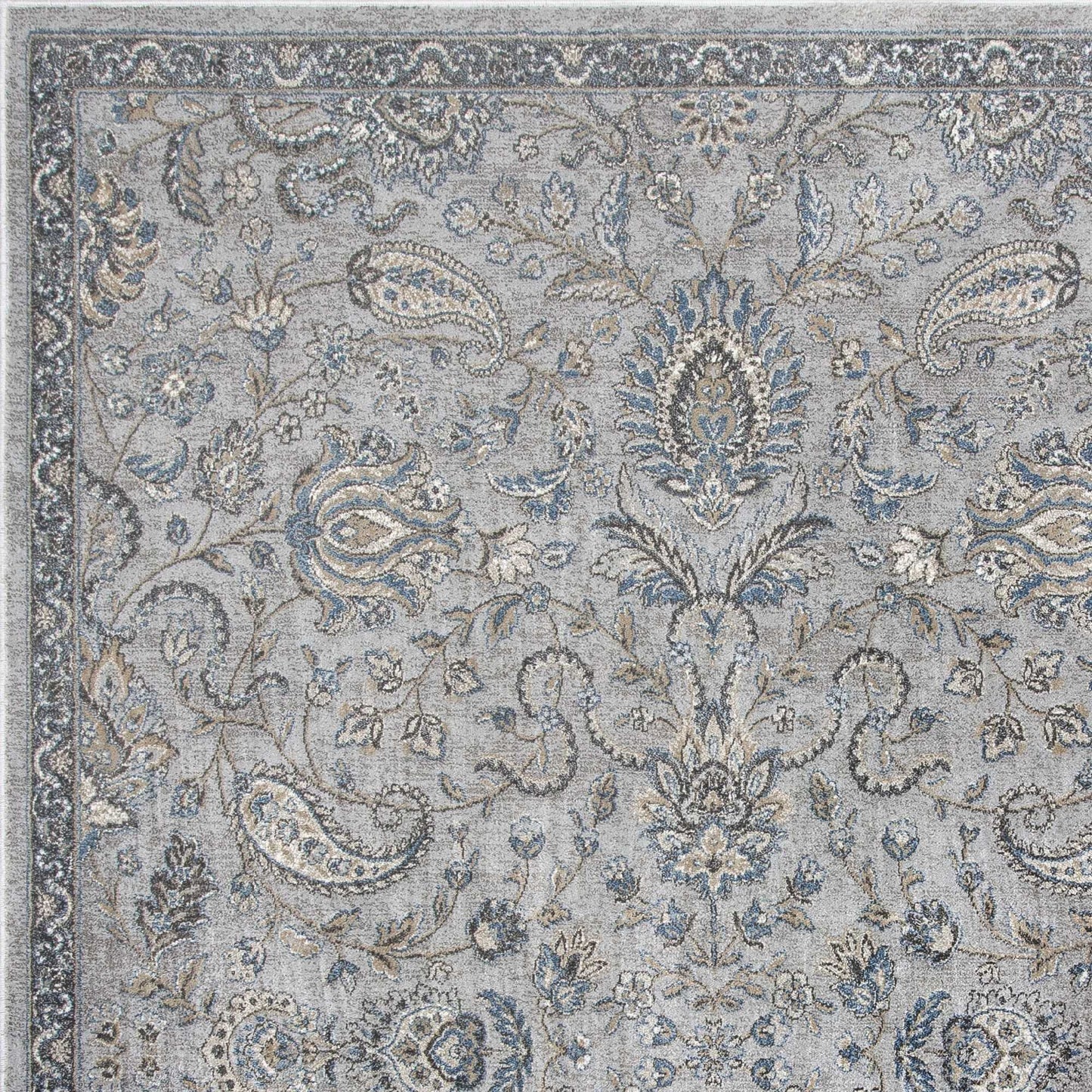 8' X 11' Silver Blue Machine Woven Traditional Floral Indoor Area Rug