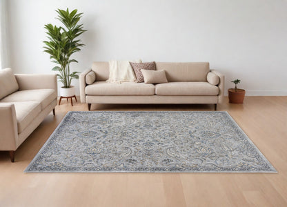 8' X 11' Silver Blue Machine Woven Traditional Floral Indoor Area Rug