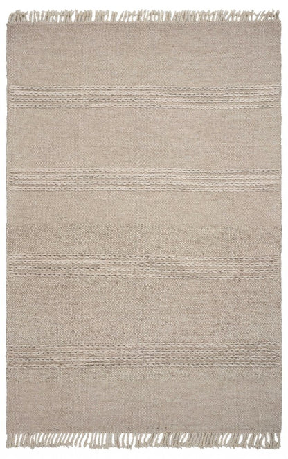 5' X 8' Beige Wool Hand Woven Area Rug With Fringe
