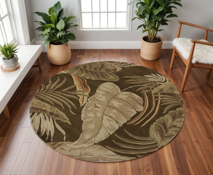 5' X 8' Brown And Beige Wool Botanical Leaves Hand Tufted Area Rug