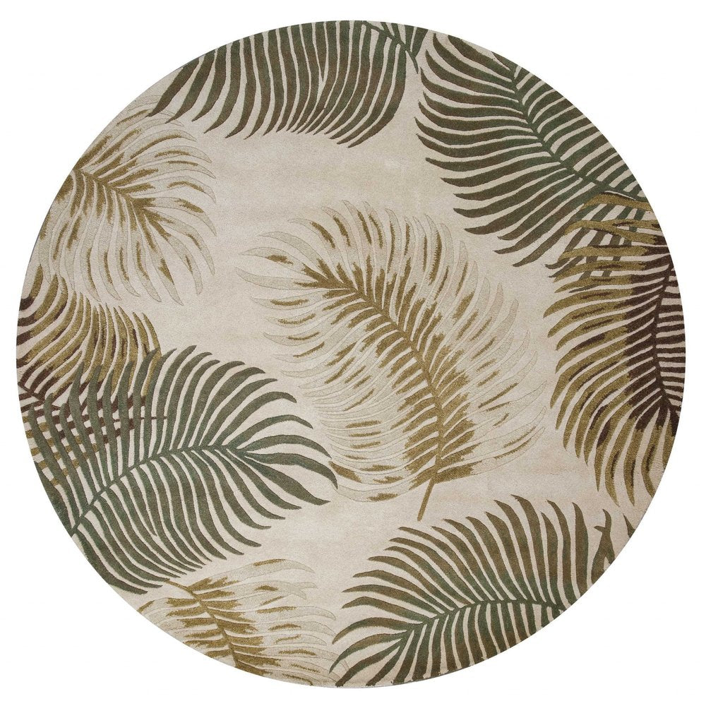 8' Beige Green And Brown Wool Botanical Leaves Hand Tufted Runner Rug