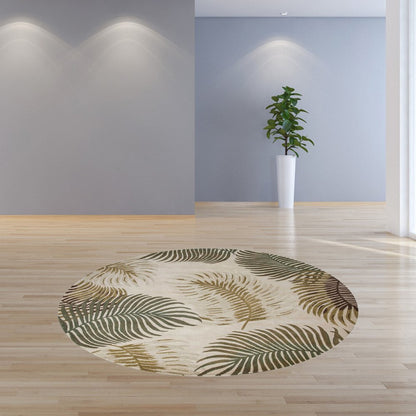 8' Beige Green And Brown Wool Botanical Leaves Hand Tufted Round Rug