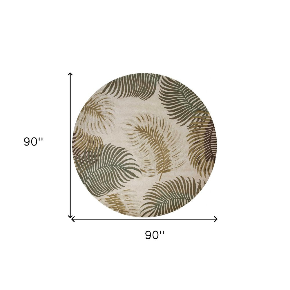 8' Beige Green And Brown Wool Botanical Leaves Hand Tufted Runner Rug