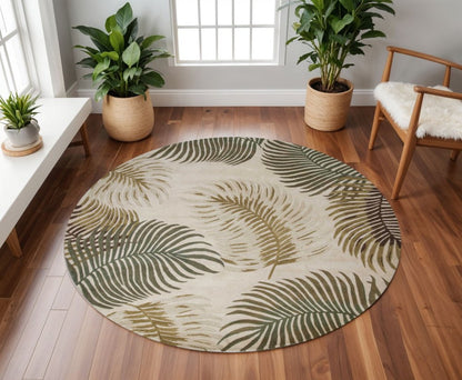 8' Beige Green And Brown Wool Botanical Leaves Hand Tufted Runner Rug