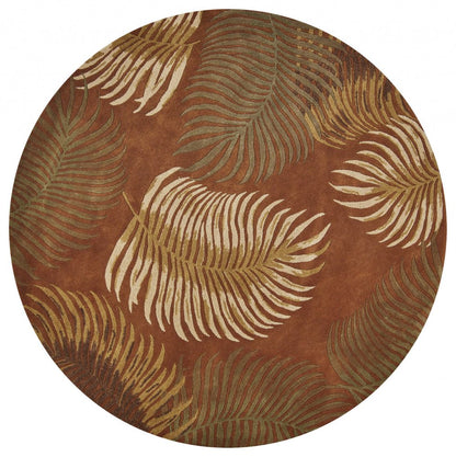 8' Rust Orange And Green Wool Botanical Leaves Hand Tufted Round Rug