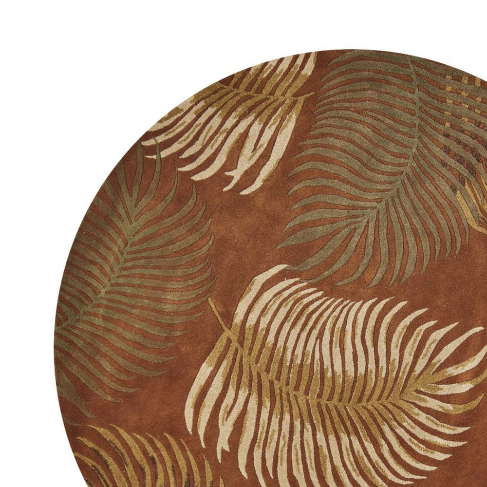 8' Rust Orange And Green Wool Botanical Leaves Hand Tufted Round Rug