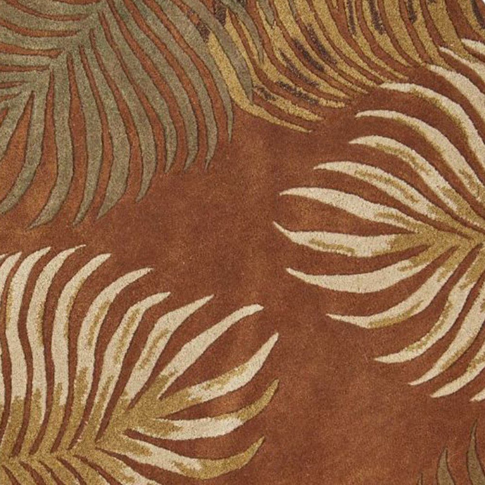8' Rust Orange And Green Wool Botanical Leaves Hand Tufted Round Rug