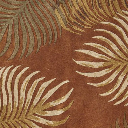 8' Rust Orange And Green Wool Botanical Leaves Hand Tufted Round Rug