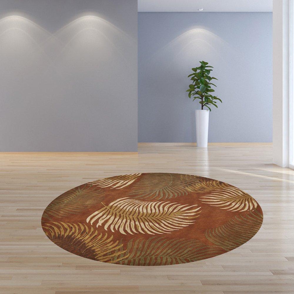 8' Rust Orange And Green Wool Botanical Leaves Hand Tufted Round Rug