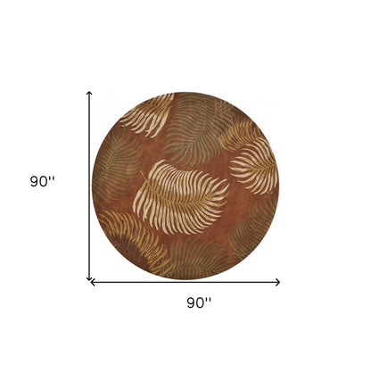 8' Rust Orange And Green Wool Botanical Leaves Hand Tufted Round Rug