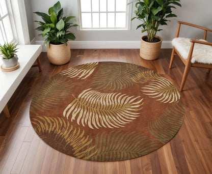 8' Rust Orange And Green Wool Botanical Leaves Hand Tufted Round Rug