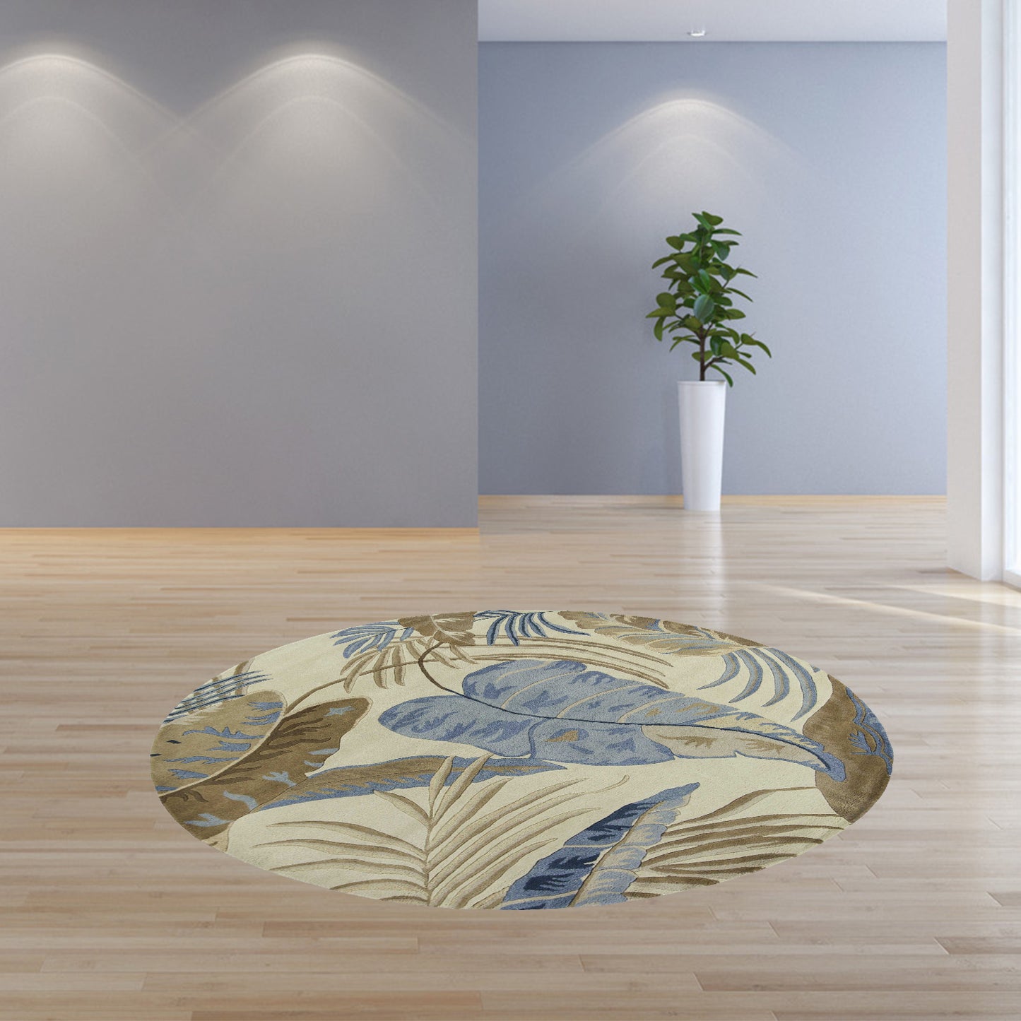 5' X 8' Ivory and Blue Wool Tropical Botanical Hand Tufted Area Rug