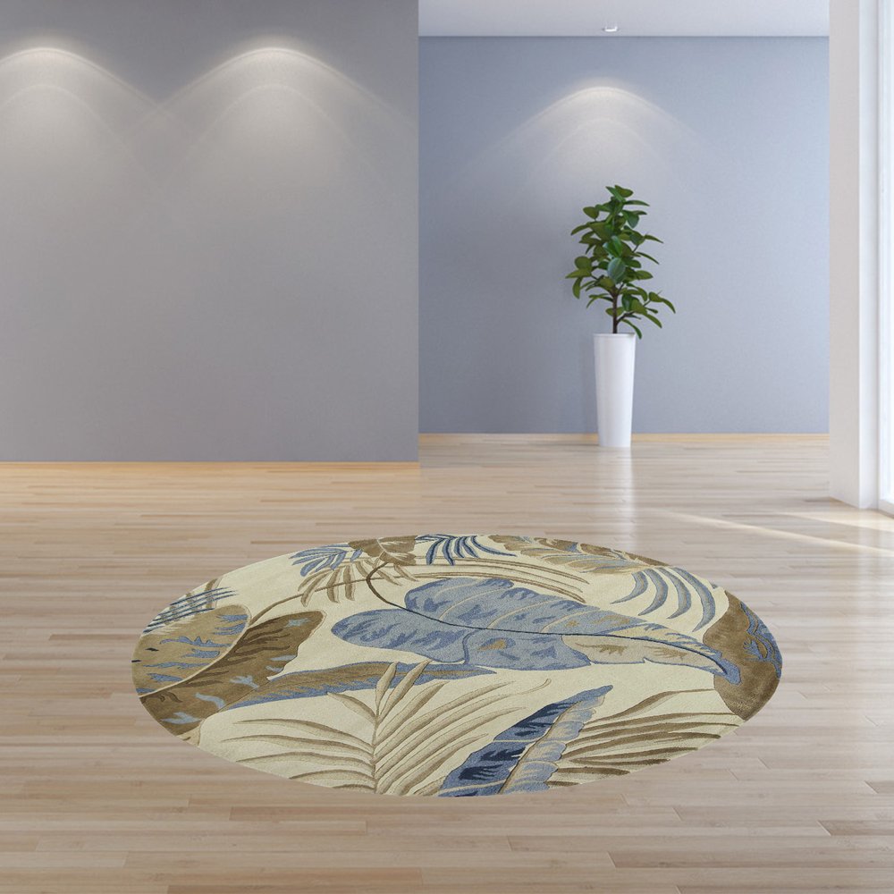 3' X 5' Ivory Blue And Brown Wool Tropical Botanical Hand Tufted Area Rug