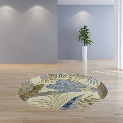 3' X 5' Ivory Blue And Brown Wool Tropical Botanical Hand Tufted Area Rug