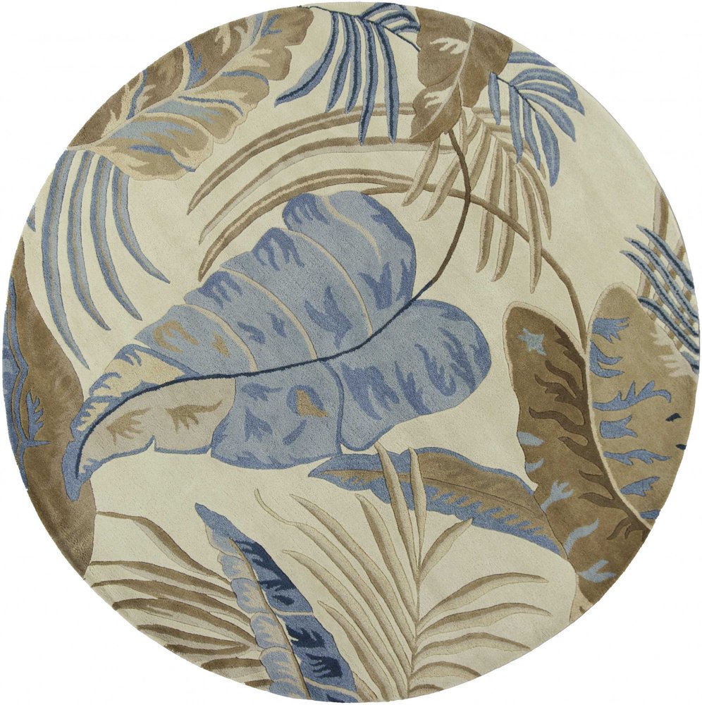 3' X 5' Ivory Blue And Brown Wool Tropical Botanical Hand Tufted Area Rug