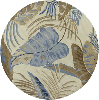 3' X 5' Ivory Blue And Brown Wool Tropical Botanical Hand Tufted Area Rug