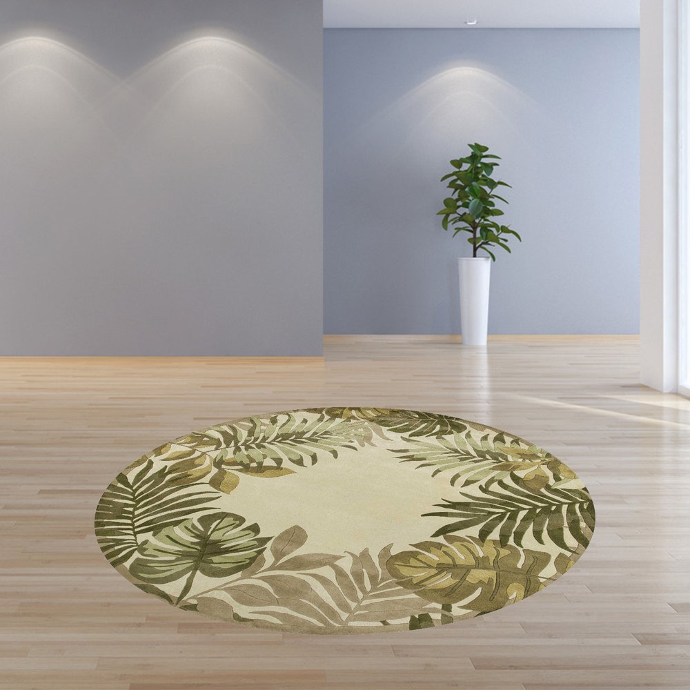 8' X 11' Ivory And Green Wool Botanical Leaves Hand Tufted Area Rug
