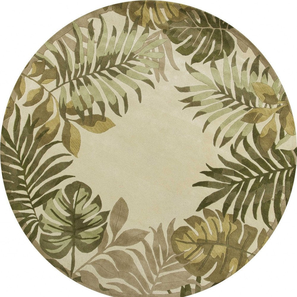 8' X 11' Ivory And Green Wool Botanical Leaves Hand Tufted Area Rug