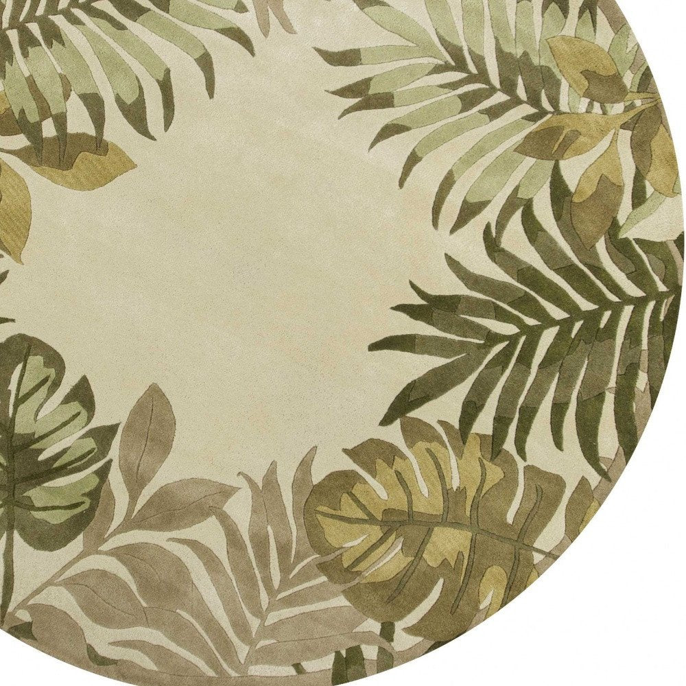 8' X 11' Ivory And Green Wool Botanical Leaves Hand Tufted Area Rug