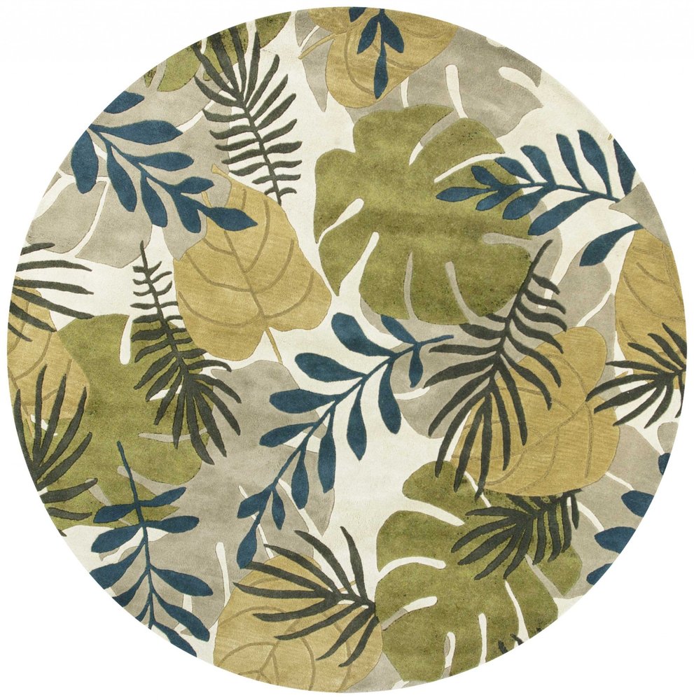 8' X 11' Ivory Green And Blue Wool Botanical Leaves Hand Tufted Area Rug