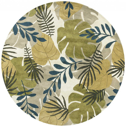 8' X 11' Ivory Green And Blue Wool Botanical Leaves Hand Tufted Area Rug