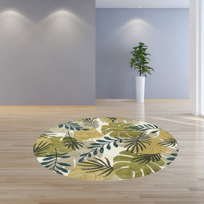 8' X 11' Ivory Green And Blue Wool Botanical Leaves Hand Tufted Area Rug